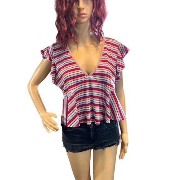 (6 for $25) Wild Fable Plunge Flutter Sleeve Peplum Stripe Top - Large - Picture 1 of 5